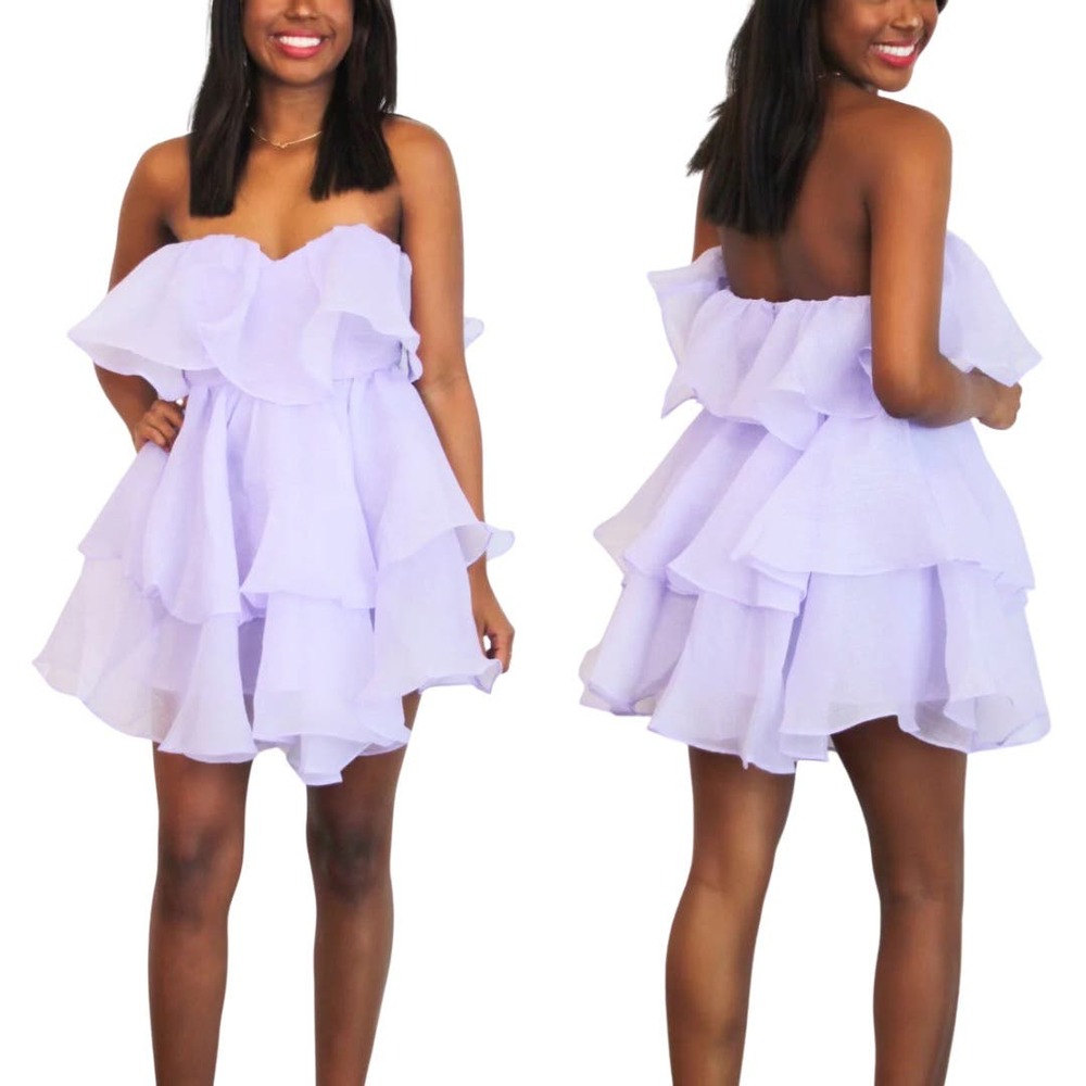 NEW Strapless Organza Tiered Ruffle Tulle Mini Puff Dress Lavender Purple - M
